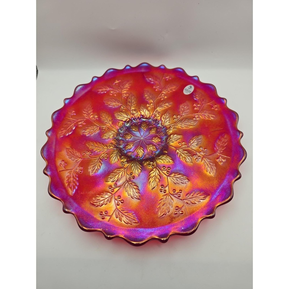 Fenton 2893 RC Red Carnival glass Holly 10" Plate Frank M Fenton's 85th Birthday